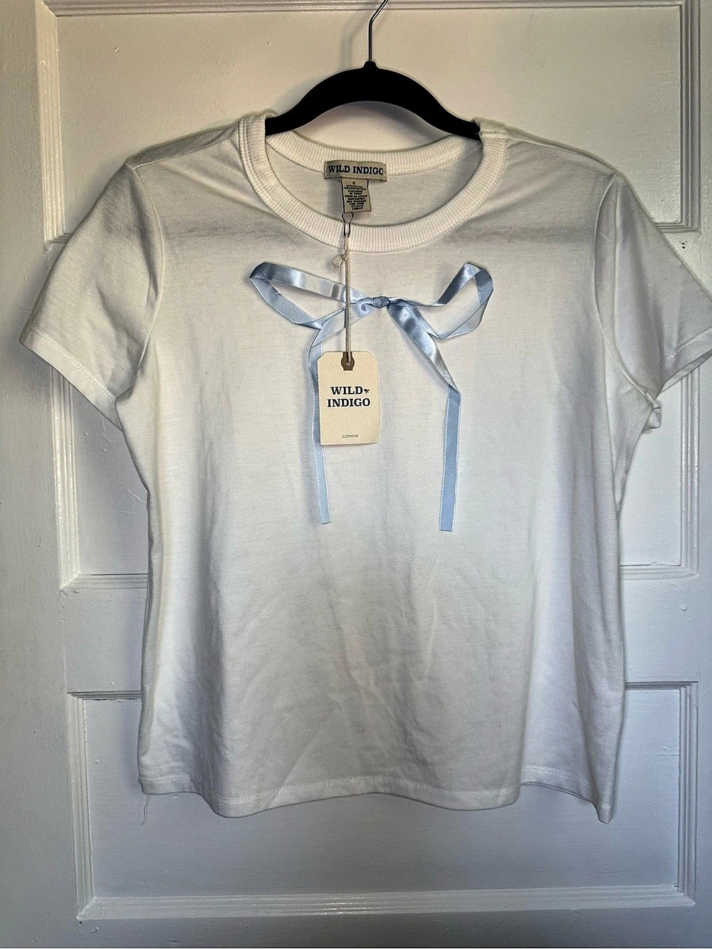 Wild Indigo Ribbon Detail Short Sleeve Tee White & Blue Coquette Small NWT